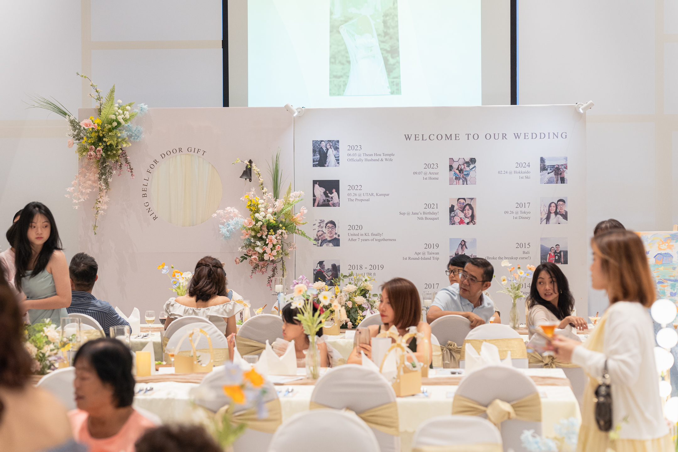 Door gift redemption station and couple sweet memory timeline at wedding catering event by iDoCatering