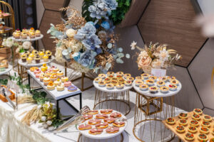 Macaroon cream cheese tartlet and aesthetic color desserts for wedding canape catering